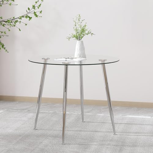 GOLDFAN Table a Manger Ronde Table Ronde Verre Trempé Salle à Manger Rond Table Argenté Salle a Manger Moderne Table à Manger et Pieds en Métal de Cuisine Diamètre 80cm