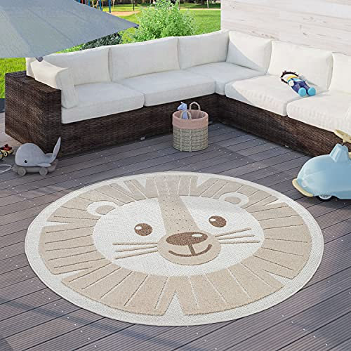 Paco Home Kinderteppich Kinderzimmer Outdoor Teppich Rund Spielteppich Modern 3D Effekt, Grösse:Ø 200 cm Rund, Farbe:Beige