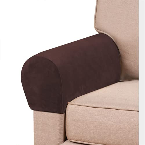 GAMUKAI Stretch Armrest Covers Velvet Arm Covers for Chairs Couch Sofa Armchair Slipcovers for Recliner Sofa 2pcs (Brown)