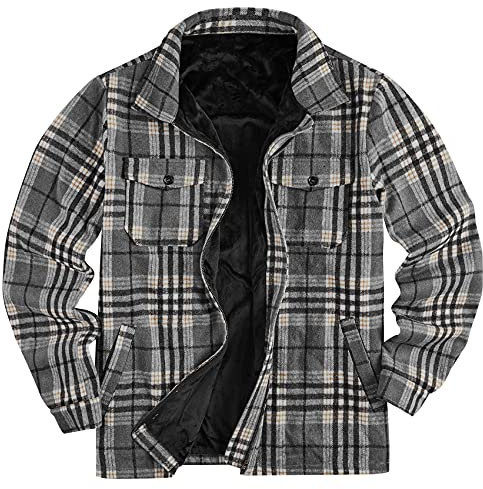 Mens Fleece Jacket Sherpa Lined Zip Up Buffalo Plaid Flannel Coat Casual Long Sleeve Warm Fall Winter Outwear, 02 Grey, Large