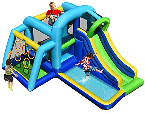 COSTWAY Kids Bouncy Castle, Inflatable Bouncer House with Jumping Area, Slide, Climbing Wall Ball Pit and Throwing, Blow Up Activity Center for Indoor Outdoor (without blower)