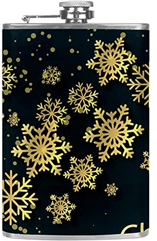 Small Flask for Liquor for Women Leakproof Hip Flask Leather Wrap with Funnel Discrete Shot Drinking of Alcohol Gift for Men Dark Green Christmas Golden Snowflake