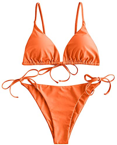 ZAFUL Damen Gepolstert Bikini Set, Einfarbig Bikini Badeanzug mit Dreieck Cup Spaghetti-Träger (Dunkelorang, L)
