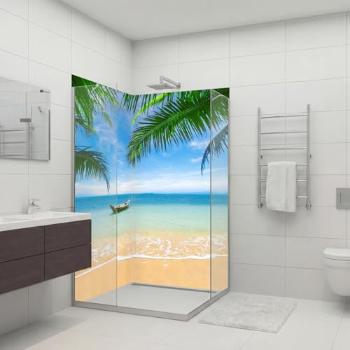 dedeco Eck-Duschrückwand wasserfest Motiv: Strand V2, UV-Lack matt, 2 x 80x200 cm, als Badrückwand zum Fliesenersatz, als Dekorwand, Wandverkleidung und Duschplatte aus Aluminium - Made in Germany