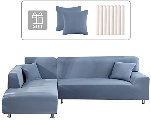 Lydevo Sofabezug Ecksofa L Form Sofa Überwürfe Stretch Sofabezug L Form Rechts oder Links mit Zwei Kissenbezügen Waschbar Universal-Couchbezug L Form Sofa Cover L Shape(3 Sitzer+4 Sitzer,Blau Grau)