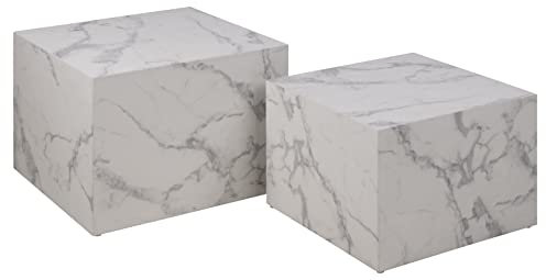 AC Design Furniture Dicte quadratischer Couchtisch 2er-Set, Weiß mit Marmoroptik, Eleganter Wohnzimmertisch, Beistelltisch für Wohnzimmer, B: 58 x H: 40 x T: 58 cm und B: 50 x H: 33 x T: 50 cm