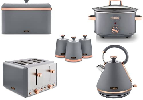 Tower Cavaletto 3KW 1.7L Pyramid Kettle, 4 Slice 1800W Toaster, 3.5L Slow Cooker, Bread Bin and Set of 3 Canisters in Grey & Rose Gold. Contemporary Matching Kitchen Set of 7 Items