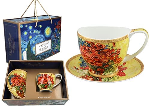 CARMANI - Keramik-Teetasse und Untertasse mit Vincent Van Gogh, roten Mohnblumen und Gänseblümchen, 350 ml