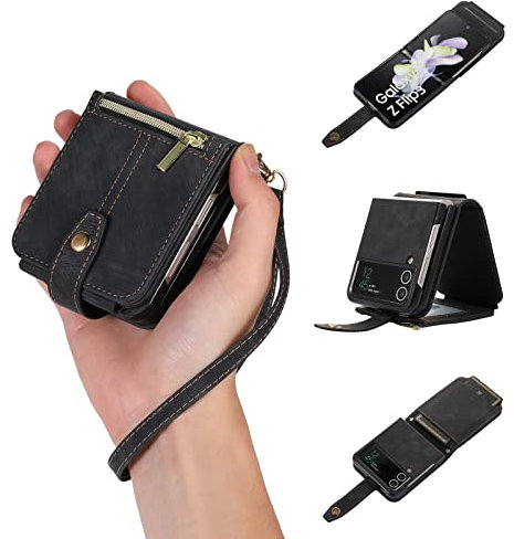 UEEBAI Hülle für Samsung Galaxy Z Flip 3 5G, 3 Kartenfäche Retro Leder Geldbörse Stoßfest Flip Case mit Handschlaufe Standfunktion Reißverschluss Handyhülle Magnetverschluss Wallet– Retro Schwarz