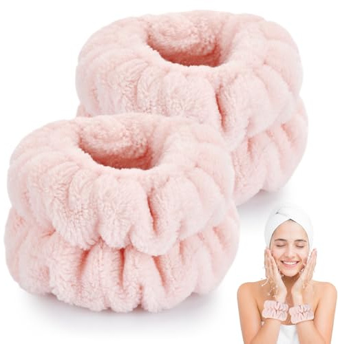 Dorbetar Wrist Bands for Washing Face, Microfiber Wrist Towels, Spa Wristbands, Face Wash Wristbands, Arm Bands for Washing Face (Pale Pink, 2 Count)