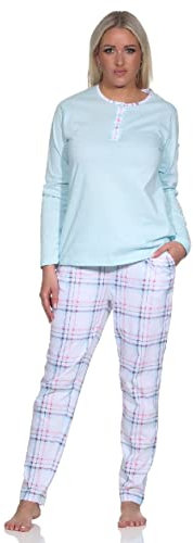 Edler Damen Langarm Pyjama mit Karierter Hose aus Jersey - auch in Übergrössen, Farbe:hellblau, Größe:56-58