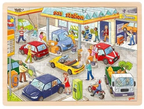 goki 57337 - Einlegepuzzle Tankstelle - 96 robuste Teile aus Holz - buntes Farbdesign mit detailreichem Tankstellen Motiv