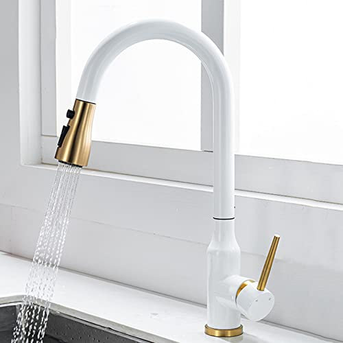 ZPSPZ Kitchen Taps with Pull Out Spray, Stainless Steel 360°Rotation Hot and Cold Water Multifunction Pull Out Kitchen Sink Tap - White+Gold