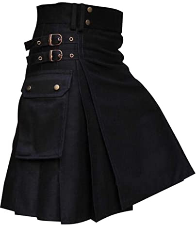 Kilt écossais gothique cargo pour homme avec plis, jupe vintage médiévale traditionnelle écossaise, cerf noir, denim, tartan irlandais, kilt moderne, B Noir, Large