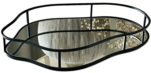 Black Pebble Mirror Tray A Metal Abstract Modern Glass Decorative Serving Plate 32cm