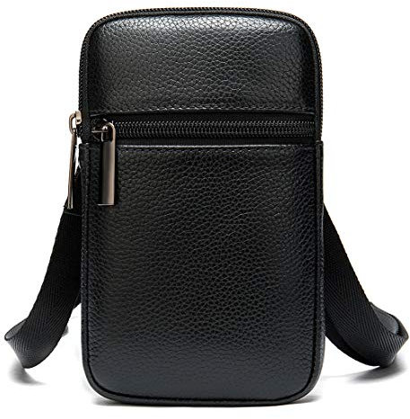 Herren Umhängetasche Leder Schwarz, Handytasche Zum Umhängen, Gürteltasche Klein, Schultertasche Handy Tasche, Messenger Bag Reisegepäck Smartphone Tasche