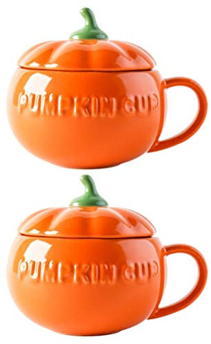 DOITOOL 2Pcs Halloween Pumpkin Cups Pumpkin Cup Ceramic Coffee Mug Milk Cup with Lid (Orange)