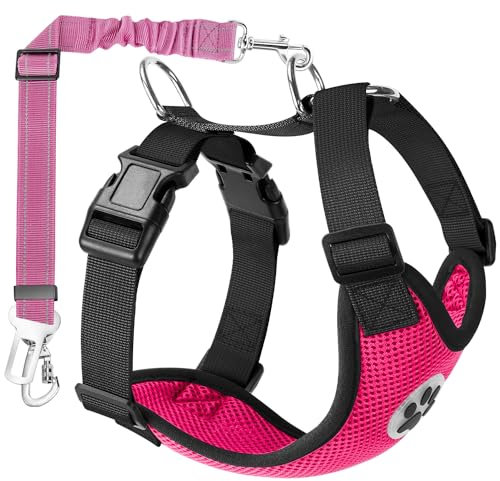 SlowTon Hundegeschirr mit Sicherheitsgurt für Auto, atmungsaktives Geschirr Hund, Sicherheitsgurt mit 2 Karabinerhaken zur Befestigung am Sicherheitsgurt-Schnalle oder Kofferraum(Hellrosa, S)