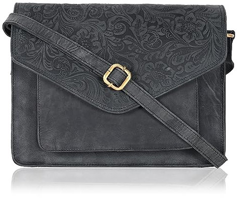 Leder-Umhängetasche mit Klappverschluss für Damen, mit verstellbarem Riemen und Druckknopfverschluss, E.black Hunter, Medium