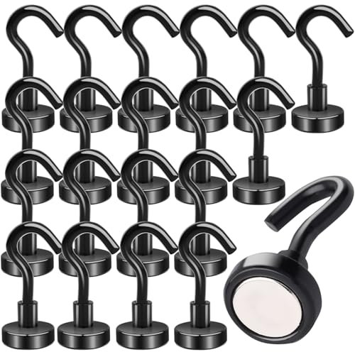 OCEUMAOA 20Stück Magnethaken Extra Stark 10kg Neodym Magnete mit Haken Stanzfrei für Eisentüren Kühlschränke Küchen Kleiderablage Büro Haken Magnete Schwarz 16mm Magnethaken