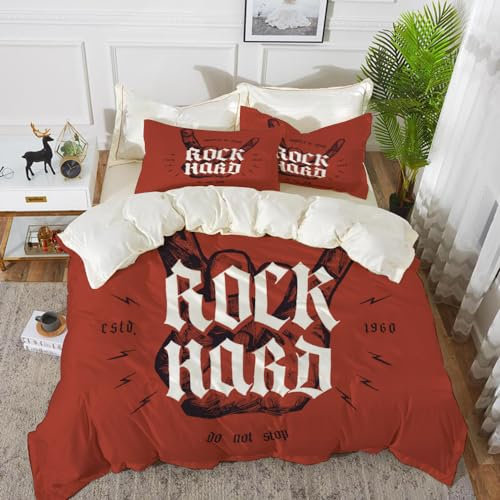 Bettwäsche 3 Teilig Bettgarnitur,Musik Rock Hard Hand Mittelalter Schriftzug Roll Metal Old Tattoo Brand,Gemütlich Mikrofaser Bettbezug Set 1 Bettbezug Set 135 x 200 cm + 2 Kissenbezug 50x80 cm
