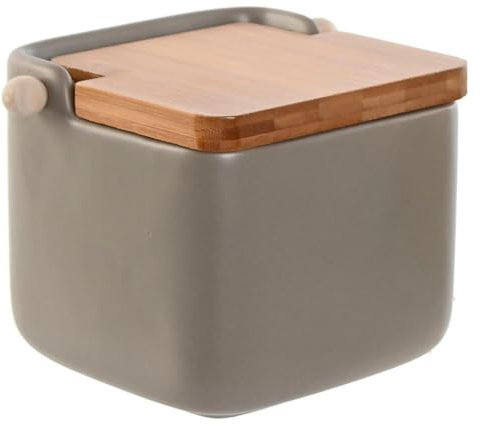 Salero gres color gris pastal con tapa de madera bambu para cocina (Gris)