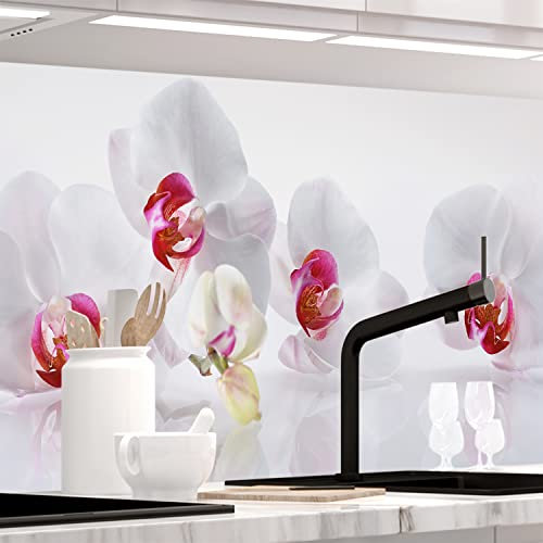 Stickerprofis Küchenrückwand Matt selbstklebend - ORCHIDEEN ENSEMBLE - 0.5mm versteifte PET Folie, zuschneidbar, Spritzschutz PRO 60 x 500cm