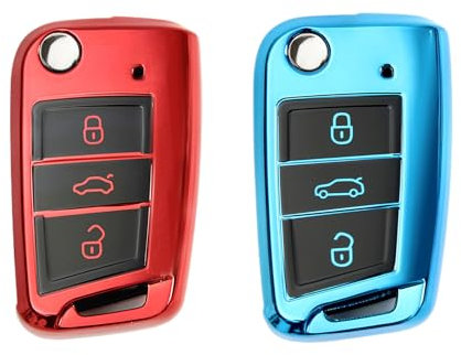 2 Stück Autoschlüssel Hülle, Schlüsselbox ,Autoschlüssel Schutzhülle kompatibel mit VW Golf 7、Polo、Tiguan、Skoda 3-Tasten Schlüsselhülle (Rot + Blau)