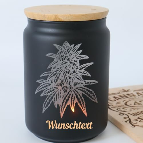 Personalisiertes Aufbewahrungsglas mit Cannabis Dolden Motiv graviert, Eigener Wunschtext, Marihuanablüten Motiv, Grow Weed Seed, Stimmungslicht, Geschenk Idee