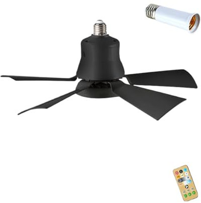 kawehiop Small Modern Ceiling Fan with Lights and Remote E27 Base, 3 Speed Wind Adjustment Dimmable Socket LED Fan Light for Bedrooms, Kitchens, Studios, Black(With Extension Rod)