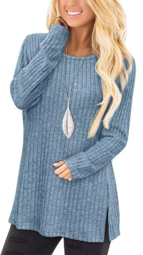 Jescakoo Damen Pullover Herbst Rundhals Langarmshirt Leichtes Oversize Sweatshirt Elegant Winter Strickpullover Blau XXL