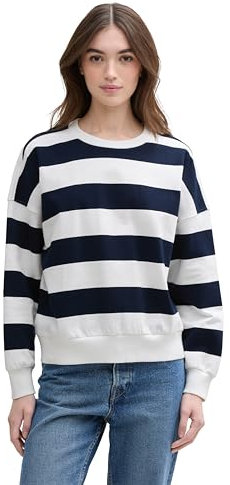 TOM TAILOR Denim Damen 1045508 Sweatshirt, 34669 - Navy White Block Stripe, S EU