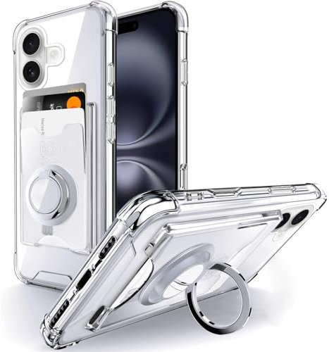 SHIELDS UP for iPhone 16 Plus Case, Wallet Minimalist Case with Ring Kickstand and Card Holder, Transparent Slim Shockproof TPU Bumper Cover for iPhone 16 Plus 6.7''- Clear