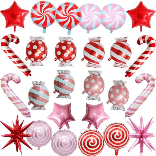 Weihnachten Folienballon Set, 26 Stk Weihnachts Deko Süßigkeiten Zuckerstangen Explosion Stern Helium Ballons, Rot Rosa Weihnachtsdeko Bonbon Candy Luftballon für Christmas Candyland Party Dekoration