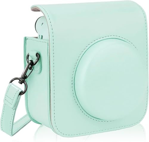 AUEJACKY PU Leder Tasche Schutzhülle für Fujifilm Instax Mini 12/Mini 11 Sofortbildkamera Reisetasche mit Film Tasche und Verstellbarem Schultergurt (Mint Green, Nur Tasche)