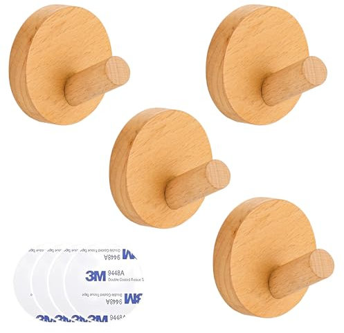 Yoaeyok 4 Stück Selbstklebend Wandhaken Holz Kleiderhaken, Vintage Kleiderhaken Holz Wand Dekorative Garderobenhaken Runder Haken Holzhaken für Jacken Mäntel Kleidung Schals Handtaschen