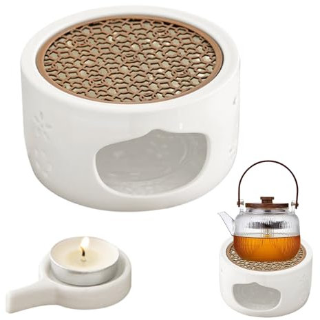 XEERUN Stövchen für Teekanne, Teewärmer aus Keramik mit Teelichthalter und Herdmatte, Hohl Geschnitztes Design, Teekannenwärmer, Kaffeewärmer Teestövchen, Geeignet zum Erhitzen von Tee und Kaffee