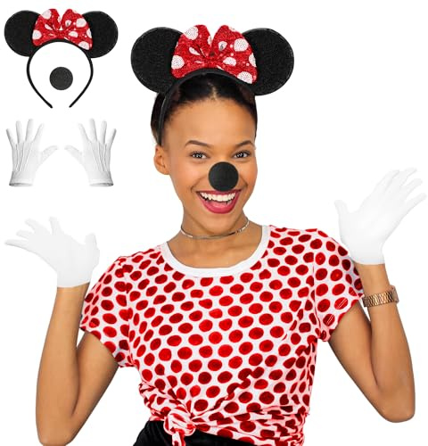 3-teiliges Maus Kostüm Damen – Fasnachtskostüme Damen und Kinder oder Faschingskostüme Mädchen – Maus Ohren Haarreif Fasching mit Glitzerschleife, weiße Handschuhe und schwarze Mäusenase