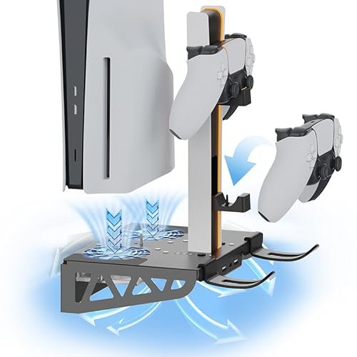 Soporte de pared Playstation 5 PS5 Slim y VR2 con RGB ,Ventilador Refrigerador, Soporte y Carga de 2 Mandos PS5, Soporte Auriculares, Accesorios PS5 Digital y de Disco (Soporte de Pared RGB)