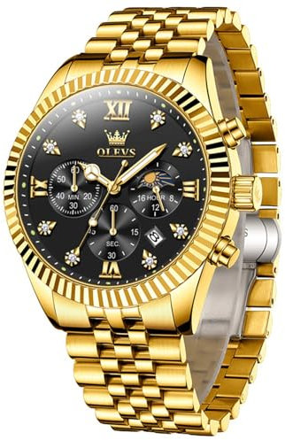 OLEVS Gold Uhren Herren Metallarmband Luxus Chronograph Herren Armbanduhr Edelstahl Analog Herrenuhr Schwarz Großes Zifferblatt Diamant Mondphase Uhren für Männer Wasserdicht Leuchtend Geschenke