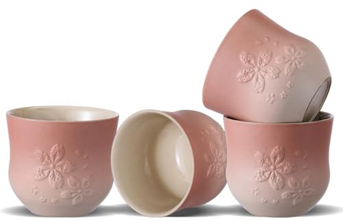 ZENS Japanese Tea Cups Set of 4 – 210ml Ceramic Handleless Tea Cups, Embossed Design, Traditional Japanese Style Cups for Matcha Tea, Hot Tea, Espresso, Pink