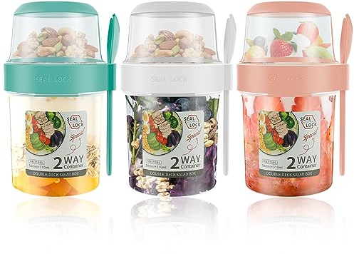PATNFR 3PCS Reusable Overnight Oats Container with Lid and Spoon 310ml+560ml Cereal Yogurt Cups Leak-Proof Breakfast Salad Cups for Salads Fruit Granola Cereal Milk Porridge