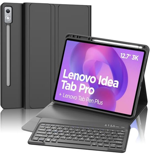 Lenovo Idea Tab Pro 2025 Keyboard Case - Lenovo Idea Tab Pro 12.7'' Keyboard, Slim Smart Case with Detachable Bluetooth KeyBoard and Pencil Holder, Black (Not LENOVO P12 2023)