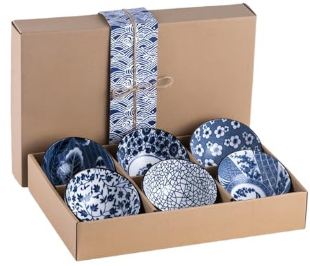 Japanese Style Ceramic Dipping Bowls, Rice Dessert Bowl with Gift Box, Side Soy Sauce Dishes for Sushi Dip Snack and Oil, Porcelain Serving Bowls for Rice Soup Dessert Snack 300ml/10 Oz Set of 6