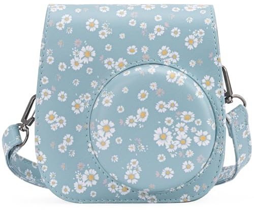 QICNMFA Protective Case Compatible with Fujifilm Instax Mini 12 11 9 8 8+ Instant Camera, PU Leather Camera Case with Pocket and Adjustable Shoulder Strap (Dark Blue Flowers)