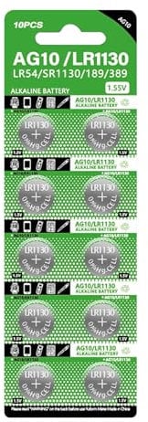 10X AG10 LR1130 Batteries, 1.5 V Button Alkaline Cell Battery, LR54 SR1130 189 389 Multi-Use Long-Lasting Portable for Watches and More, 0.45 x 0.12 Inches