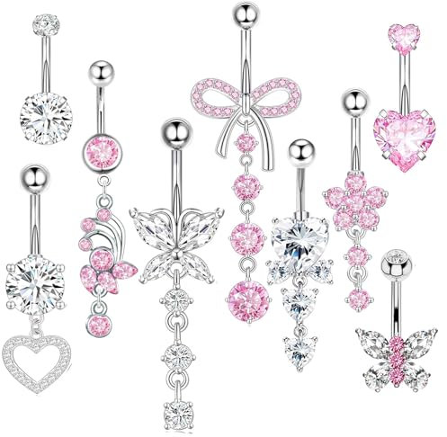 TELAIN Bauchnabelringe Set 9-teiliges Navel Piercing Schmuckset aus Chirurgischem Edelstahl,Dangle Bauchnabelringe (Schleife, Schmetterling, Herz, Blume), 14G