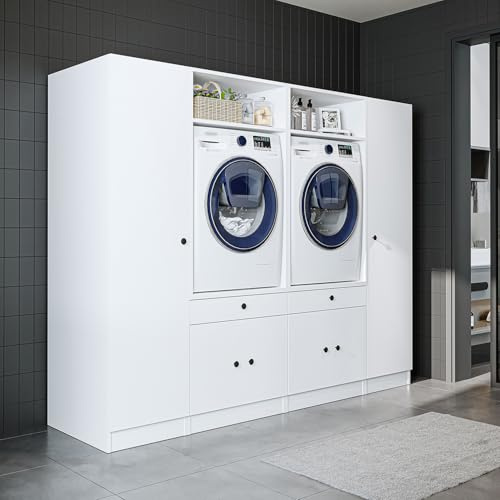 ROOMART Schrankwand für Waschküche & Hauswirtschaftsraum – 224 cm – Hochschrank mit Ausziehbrett – Waschmaschinenumbauschrank & Stauraumregal (Eiche, V2 : 224 x 184 x 67 cm (B x H x T))