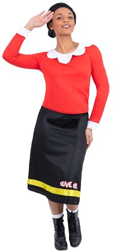 Smiffys Popeye Olive Oyl Costume for Women, Official Licensed Classic Cartoon Fancy Dress, Red Top, Black Skirt Character Wig, Retro 1930s Comic Animation Outfit Adults, Fun Halloween