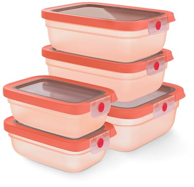 EMSA oneClick, Lebensmittel-Aufbewahrungsboxen, One-Click-System, Hält 2x länger frisch, 100% auslaufsicher, Made in Germany, 5-teilig, Orange, N1231000